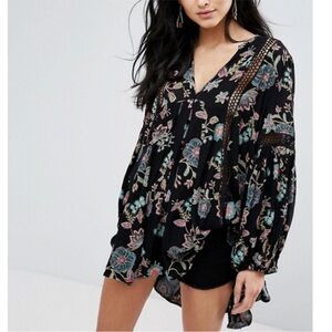 Free People Just the Two Of Us Black Floral Boho Tunic Dress